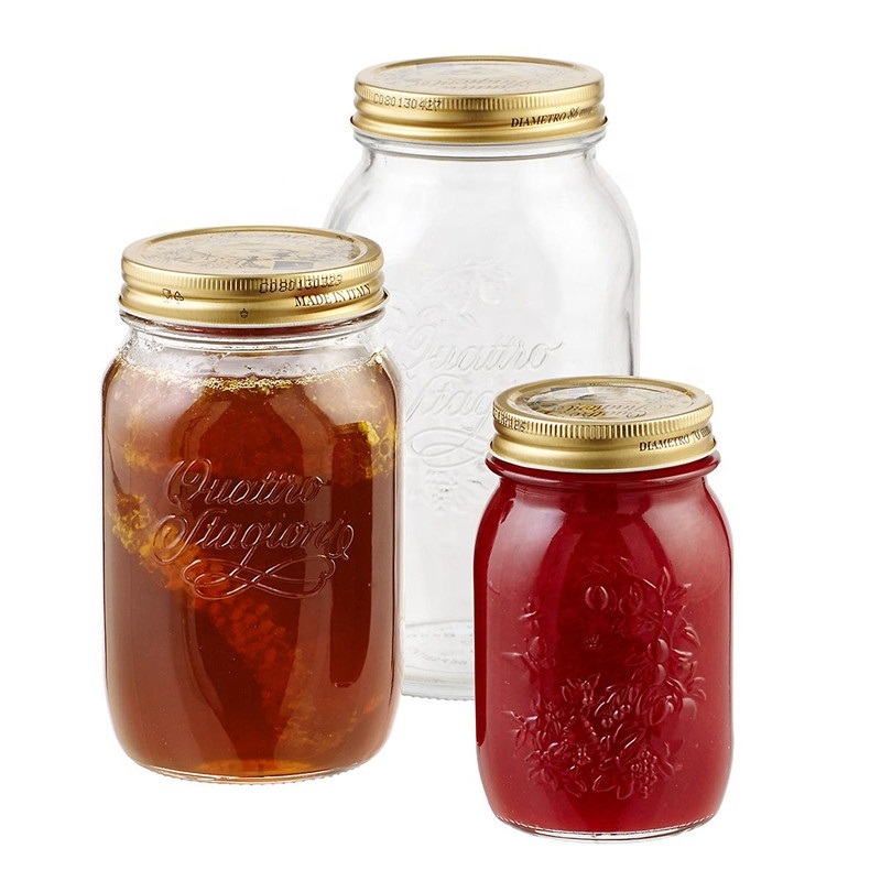 8OZ Embossed Food Glass Jar Italian Glass Mason Jar Bulk with Metal LId