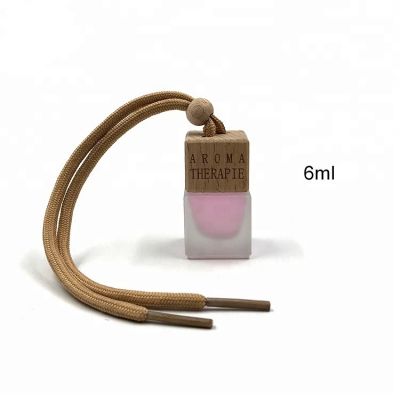 Square 6ml frosted small hanging car perfume bottle with wooden cap 