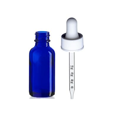1 oz Blue Boston Round Glass Bottle with White Calibrated Glass Dropper 