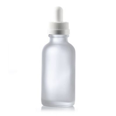 1 oz Clear FROSTED Boston Round Glass Bottle w/ White Child Resistant Dropper 