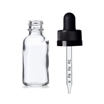 1 oz CLEAR Boston Round Glass Bottle w/ Black Child Resistant Calibrated Glass Dropper 