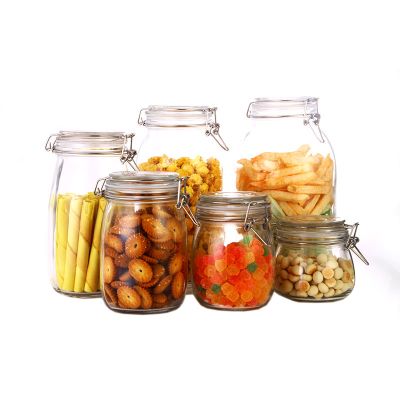Airtight sealed large crystal food storage soda lime glass bottle jar with metal clip 