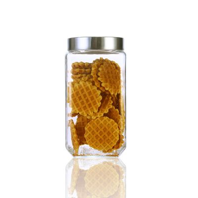 2 liter large metal screw cap square lucid biscuit storage glass jar set for kitchen