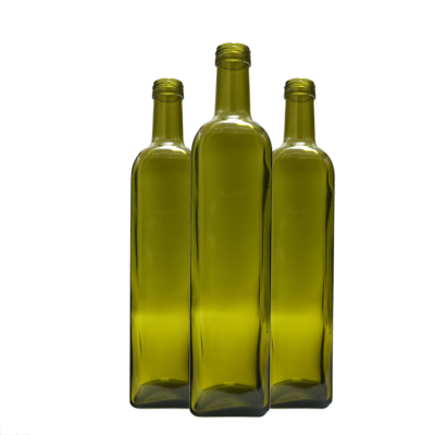 Empty factory price household practical square 750ml antique green bottle glass for olive oil screw top 