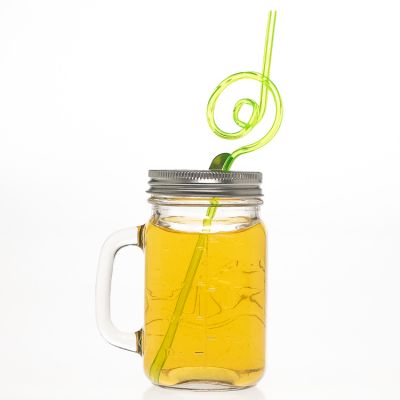 Factory Price Beverage Drinking Bottles 400 ml 13 oz Square Glass Mason Jar with Handle and Straw 