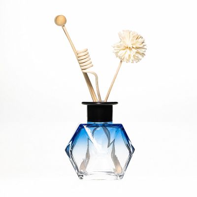 Room Decorative 180ml 6oz Polyhedral Shaped Empty Bottles Gradient Blue Glass Perfume Air Diffuser Bottle 