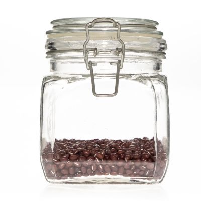 Large Food Storage Container 700ml Square Coffee Honey Jam Empty Tea Glass Jar with Swing Clip Lids