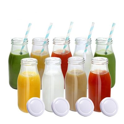 11 Oz Glass Milk Bottles with Metal Twist Lids ,glass bottles for fruit juice with straws