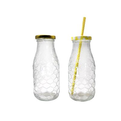 Empty carved clear milk juice beverage glass bottle wholesales with straw cap