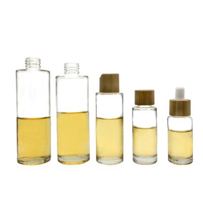 round clear 30ml empty glass perfume spray bottle with bamboo covered cap