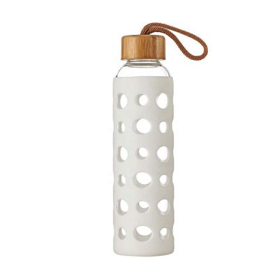550ml new design small mouth bamboo cap high borosilicate glass water bottle with silicone sleeve 