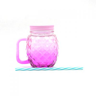 Pineapple shaped color printing glass mason jar handle cup 500ml