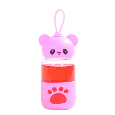 High Quality 350ml a little bear with expression pattern child transparent lovely water juice glass bottle with silicone sleeve