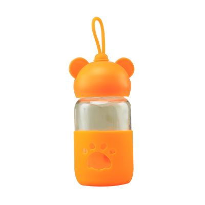 High Quality 400ml Portable a little bear child transparent lovely water tea coffee juice glass bottle with silicone sleeve