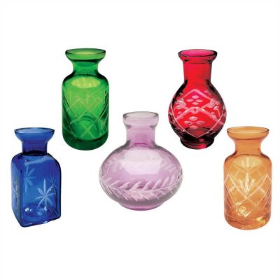 Set of 5 Petite Glass Bud Vases in Clear or Jewel Tones- Fun Shapes