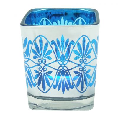 7oz square candle glass blue exterior laser cut silver interior cube glass jars votive candle holders