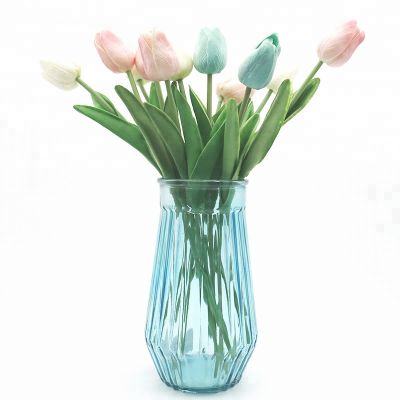 Wholesale Blue Color Cut Face Glass Vase 