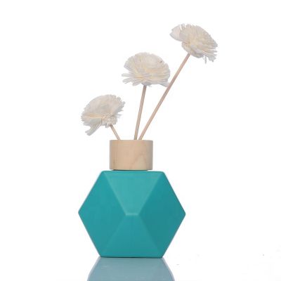 Customized 200ml Unique Polyhedral Shaped Matte Blue Empty Reed Diffuser Glass Bottle with Flower 