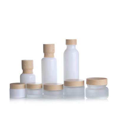 Empty Frosted White Glass Lotion Pump Bottle Cosmetic Cream Jar Bamboo Grain Lid Face Cream Bottles Glass Makeup Lotion Bottle 