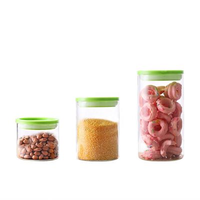 Cheaper 400ml 1000ml Round borosilicate glass canister cookie jar with plastic lids 