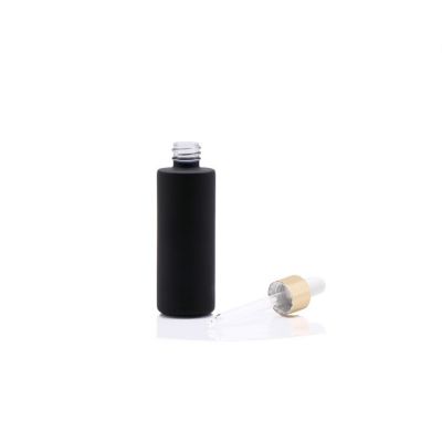 Round Shape And Matt Frosted Black Face Essential Oil Bottle 50ml With Gold Dropper 