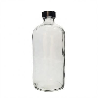 Refillable 16oz 500ml Clear Boston Round Glass Bottle with Phenolic Cap for Juice Beverage Kombucha 