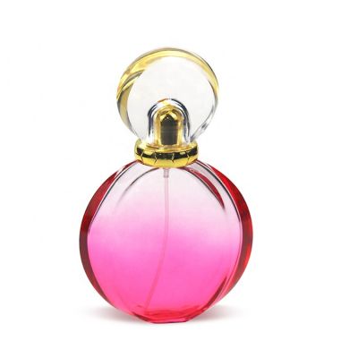 Perfume Glass Bottle Supplier 90ML Pink Oblate Shape Perfume Spray Bottle With Round Gold Ring Cap 
