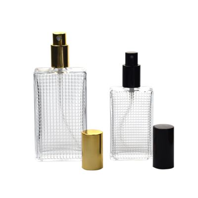 Retangular 50ml 100ml embossed screw neck glass perfume bottles wholesale 