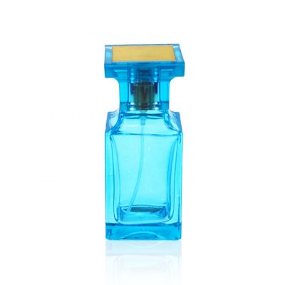 Square Fancy Customized Blue Color 55ml Empty Perfume Glass Bottle With Pump Spray 
