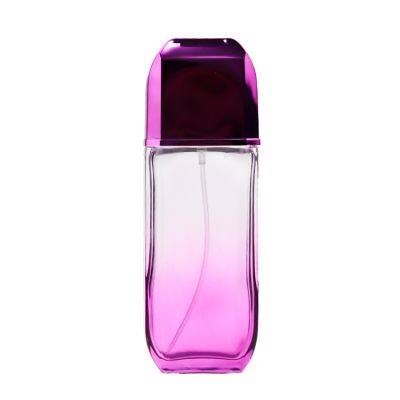 Cheap 100ml China factory new flat square gradient color OEM design purple perfume spray glass bottle 