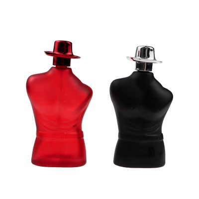 90ml colorful women body shaped perfume glass bottle with hat cap 