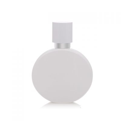 Hot sale woman use round shape 50ml glass white perfume bottle with crimping pump and cap 
