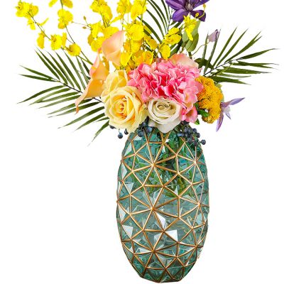 Modern tall handmade gold colored glass flower vase