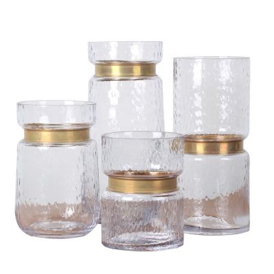Cylinder Clear Hammered Glass Flower Arrangement Vase Brass Gold Band Decor Dining Table Centerpieces Gifts for Wedding 