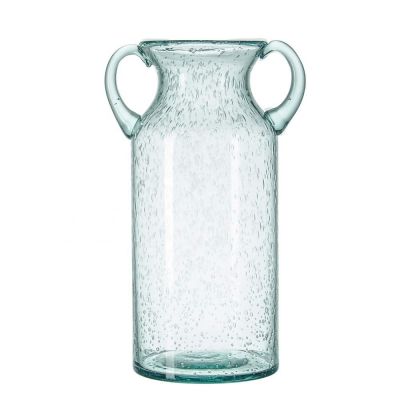 hot selling Flower Vase Glass Elegant Double Ear Decorative Handmade Air Bubbles Bluish Color Glass Vase for Home Decor 