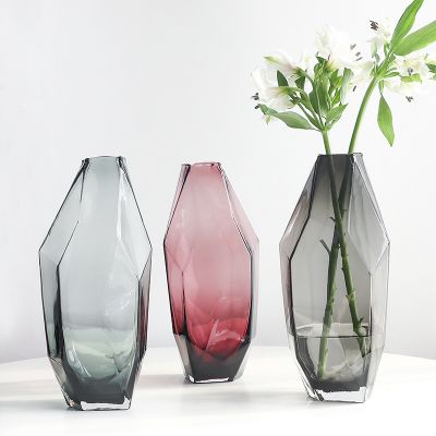 European Simple Light Luxury Geometric Multi-faceted Color Transparent Flower Glass Vase Home Decoration 