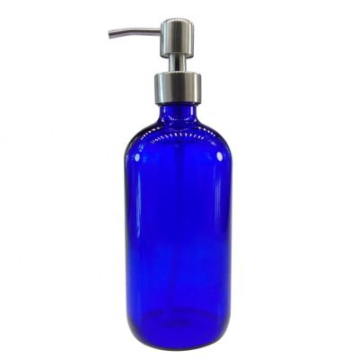 16oz Blue Boston Round Foam soap pump Glass Bottle with Stainless Steel Pump Dispenser 