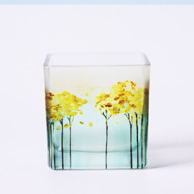 Wholesale Custom Recycled Square Color Printing Decorative Wedding Mini Glass Candle Holder Glass Jar Candle Container 