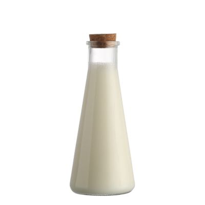 Custom Color Cone Shape Frosted 300ml Milk Bottles Glass with Cork for Beverage 
