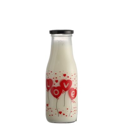 Custom Decal Design 16oz Empty Milk Juice Bottles Glass with Plate Lid for Drinking 