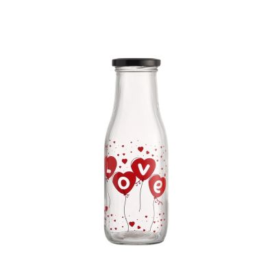 Custom Screen Clear 14oz Glass Milk Juice Bottle with Lid of Drinking 
