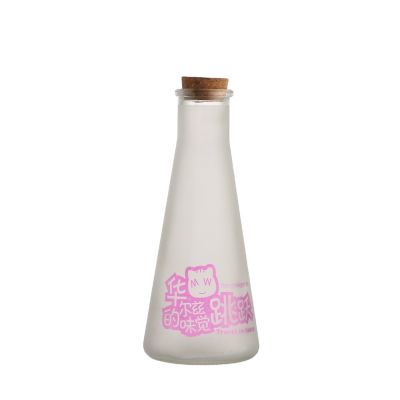 Custom Cone Shape Frosted 300ml Empty Juice Fruit Milk Bottles Glass with Cork Stopper for Coffee Drinks 
