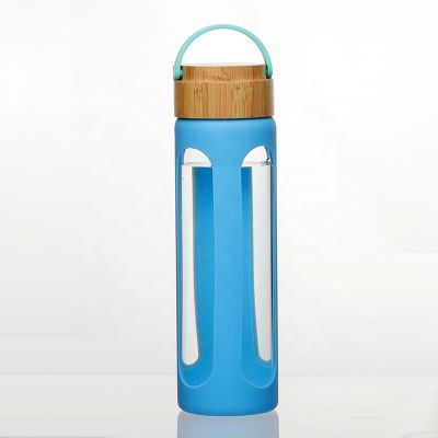 outdoor silicone single wall glass water bottles with bamboo handle