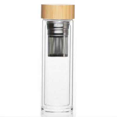 Factory Directly Double Wall Vacuum Wholesale Glass Water Bottles with Strainer Bamboo Lid 