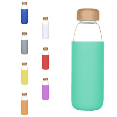 500ML Creative Glass Factory Wholesale bamboo-capped Glass Silica Gel advertising logo custom glass water bottle 