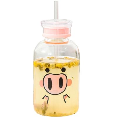New pig portable lovely anti scalding double straw water cap glass 