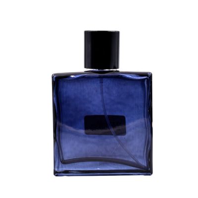 wholesale 60ml 100ml empty blue flat square perfume glass bottle with screw sprayer 