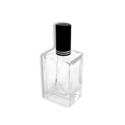 80ml transparent rectangular glass parfum bottle with black screw cap 