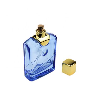 Fashion Travel Size Square Empty Blue Perfume Glass Bottle 110 ml With Gold Cap 