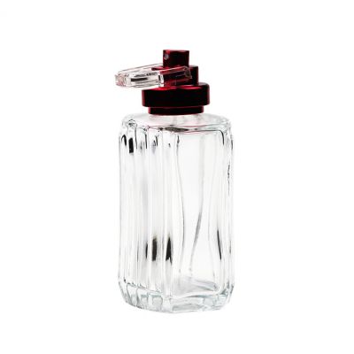 Hot New Products 2020 Rectangle Transparent Perfume Bottle 100ml Glass With Red Cap And Clear Pull Ring 